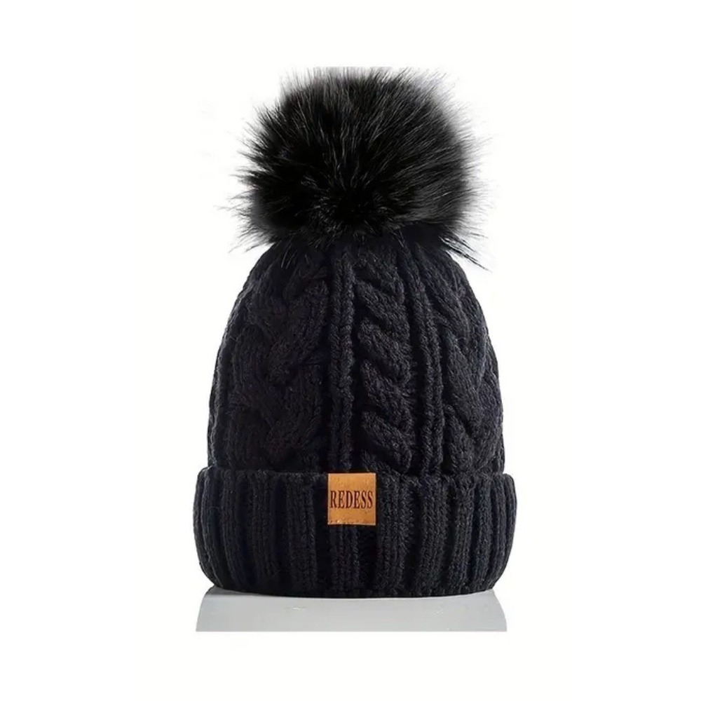 Winter Cozy Warm Pom Pom Black Beanie Hat Cable Knit Fleece Lined‎ Ski NWT